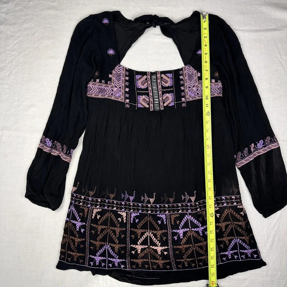 Free People‎ Black Embroidered Mini Dress Small Long Sleeve Open Back Boho